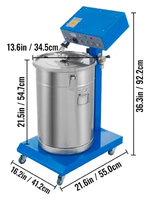 VEVOR powder coating machine with dimensions and blue steel frame on wheels.