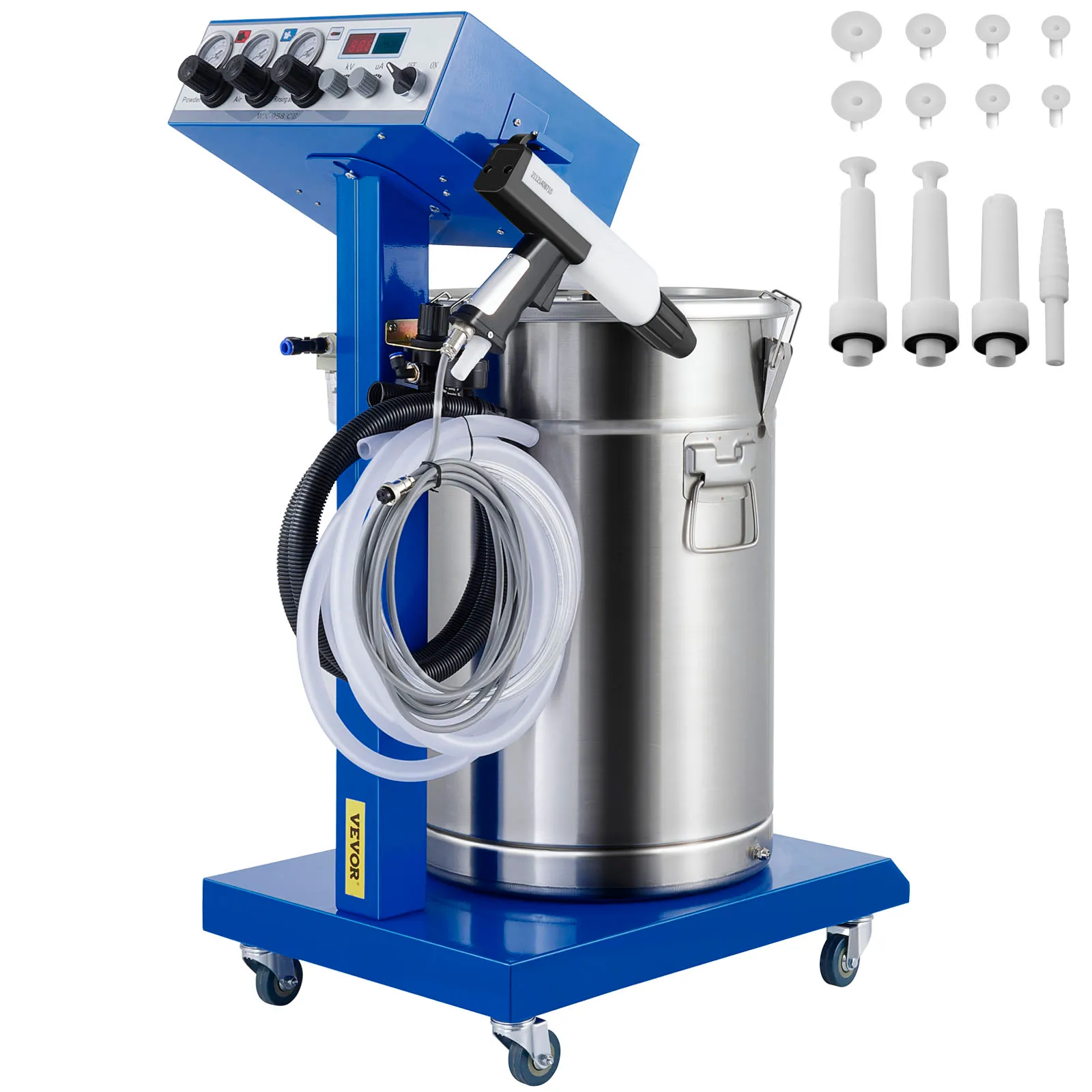 VEVOR powder coating machine with hoses, control panel, nozzles, and stainless steel tank.