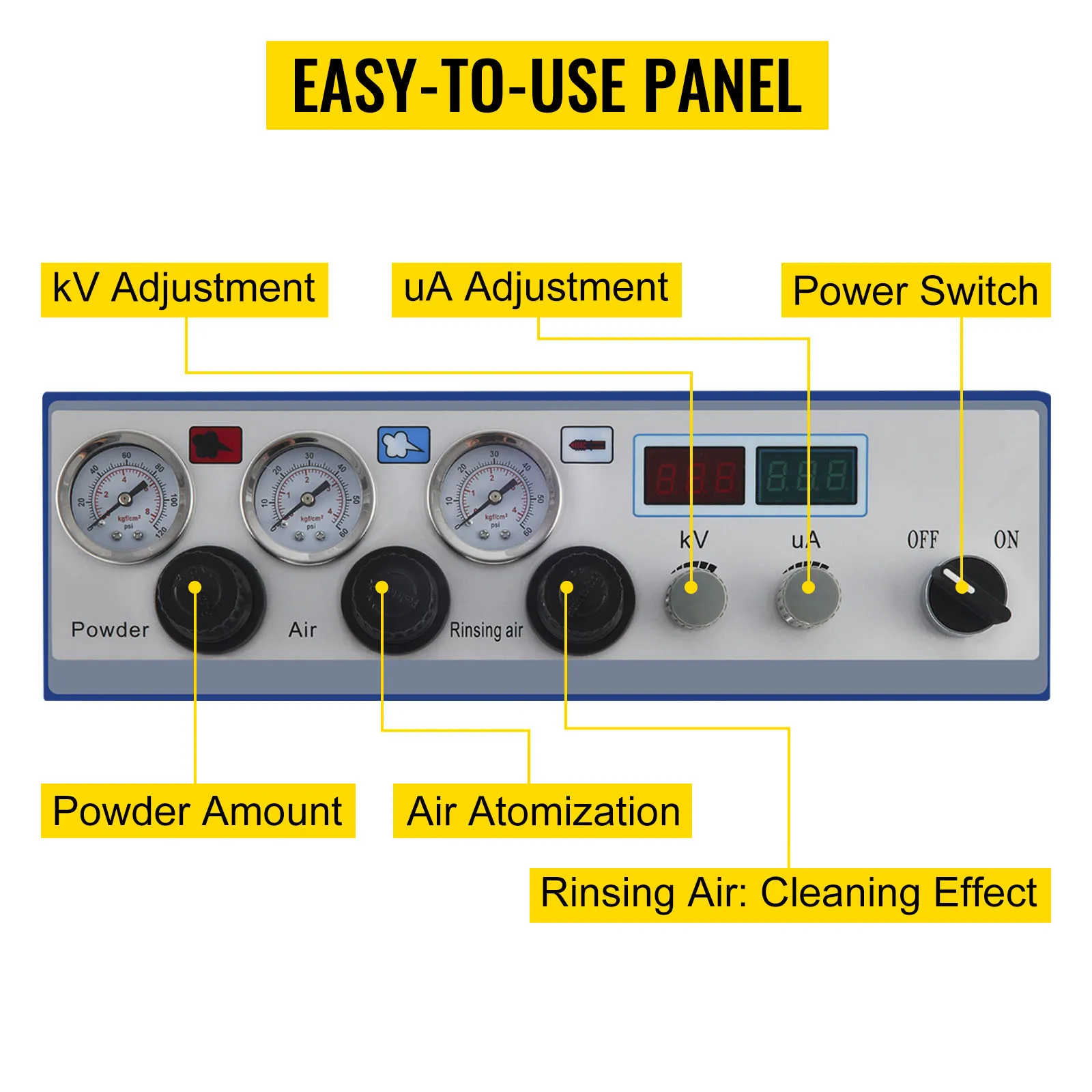 VEVOR powder coating machine easy-to-use panel with kv and ua adjustment, power switch
