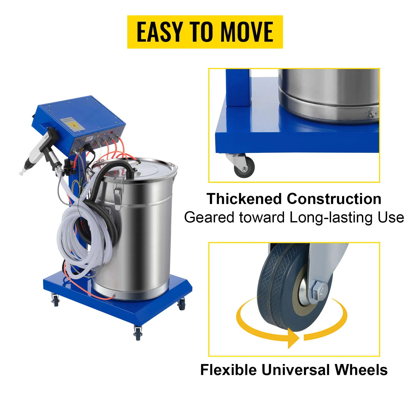VEVOR powder coating machine with thick construction and flexible universal wheels.