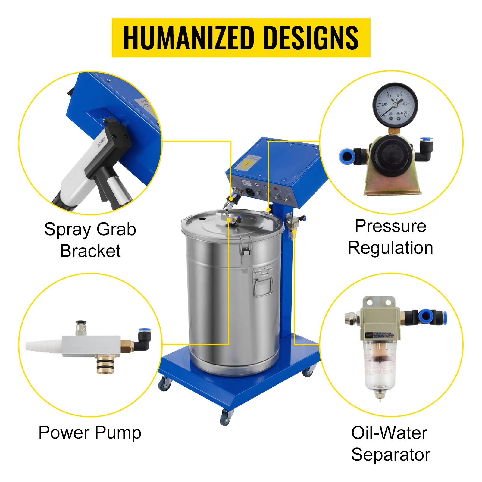 VEVOR powder coating machine with spray grab bracket, pressure regulation, power pump, oil-water separator.
