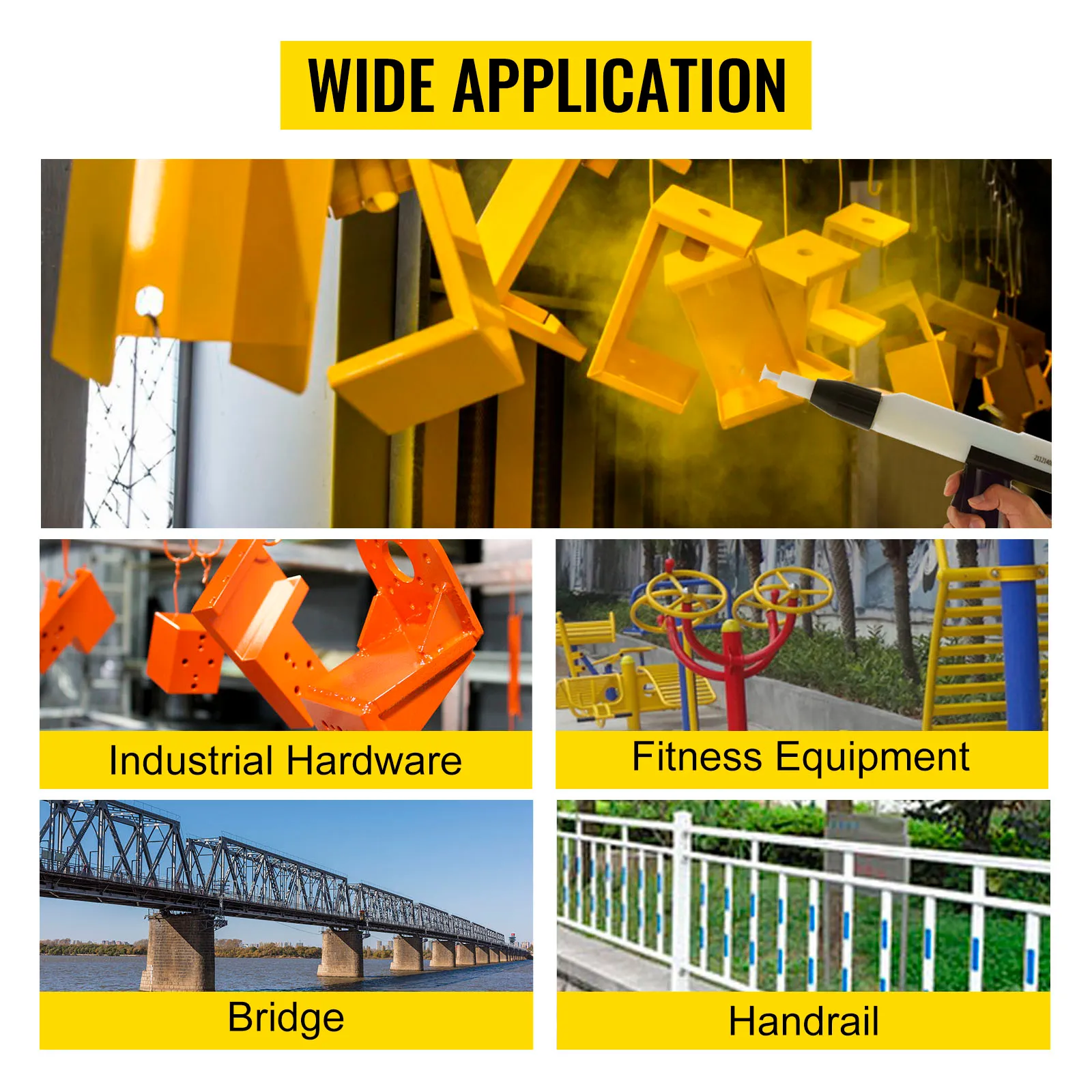 wide applications of the VEVOR powder coating machine, including hardware and fitness equipment.