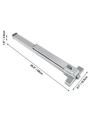 stainless steel VEVOR panic bar with dimensions: 26.8" l, 6" w, 1.8" h.