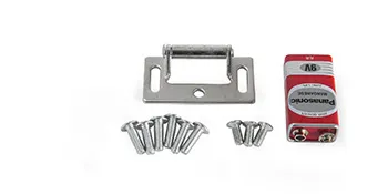 VEVOR panic bar installation kit with screws, bracket, and a 9v battery.
