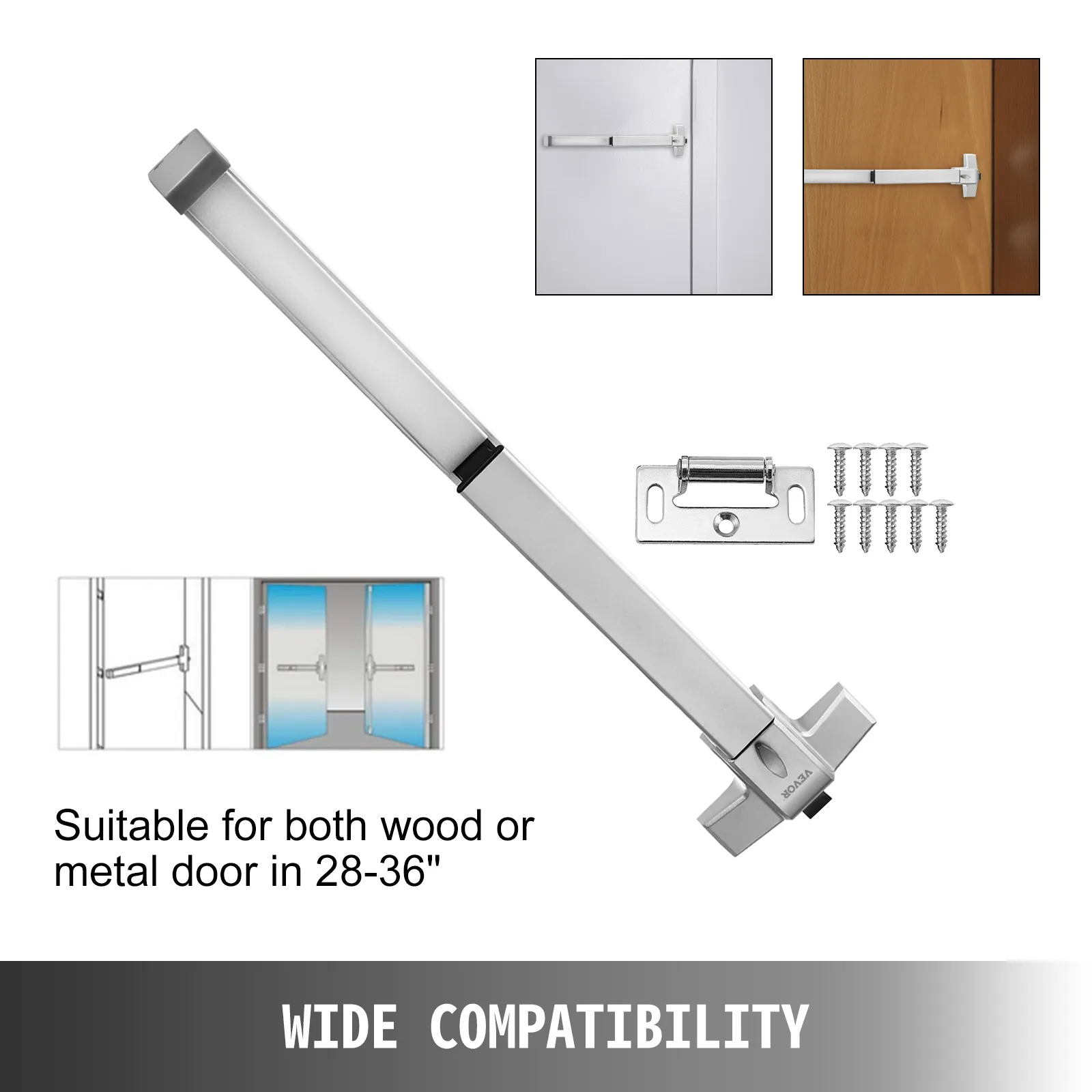 VEVOR panic bar compatible with wood and metal doors, 28-36 inches, with mounting hardware.