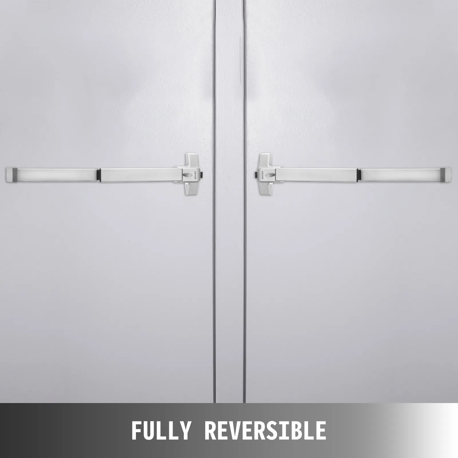 two silver VEVOR panic bars on double gray doors with text "fully reversible" below.