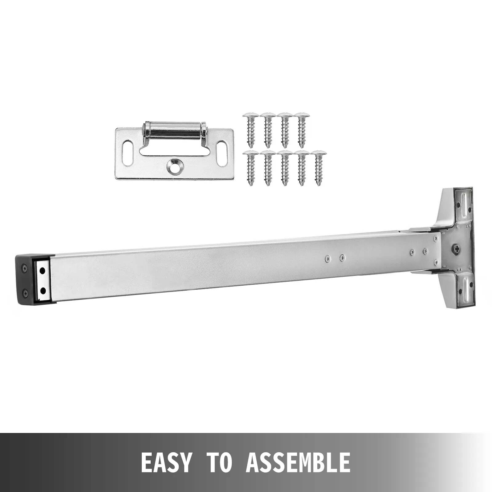 VEVOR panic bar with screws and bracket, labeled "easy to assemble".