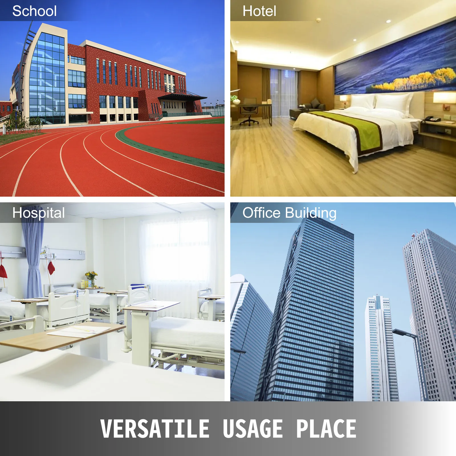 school, hotel, hospital, office building showcasing VEVOR panic exit device versatility.