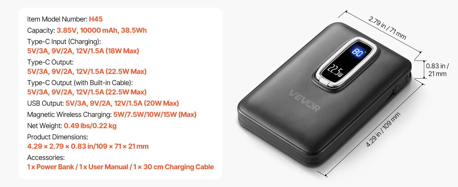 VEVOR 10000mAh Magnetic Wireless Power Bank – 20W, Type C