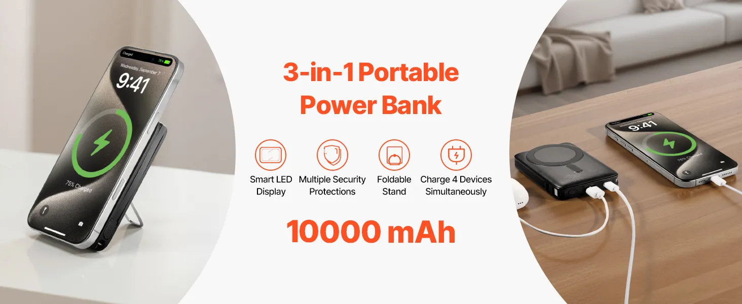 VEVOR 10000mAh Magnetic Wireless Power Bank – 20W, Type C