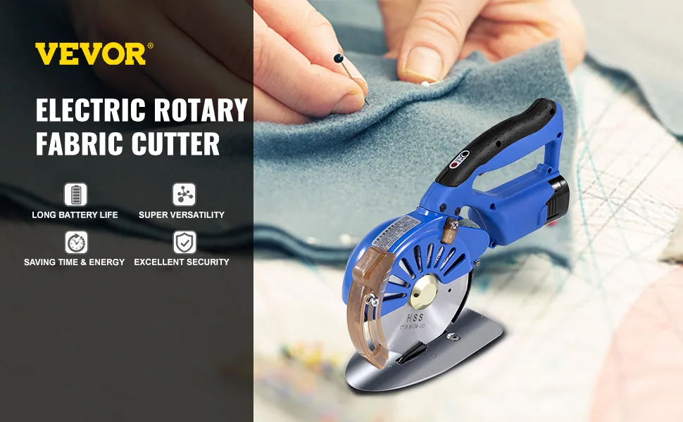 Cortadora de tela rotativa eléctrica VEVOR con mango ergonómico y tejido de corte.