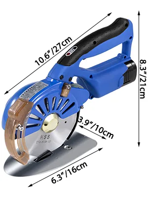 Cortadora de tela rotativa eléctrica VEVOR con dimensiones etiquetadas en un diseño de mango azul.