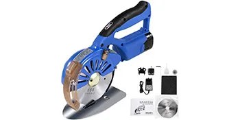 Cortadora de tela rotativa eléctrica azul VEVOR con accesorios que incluyen cuchilla y cargador.