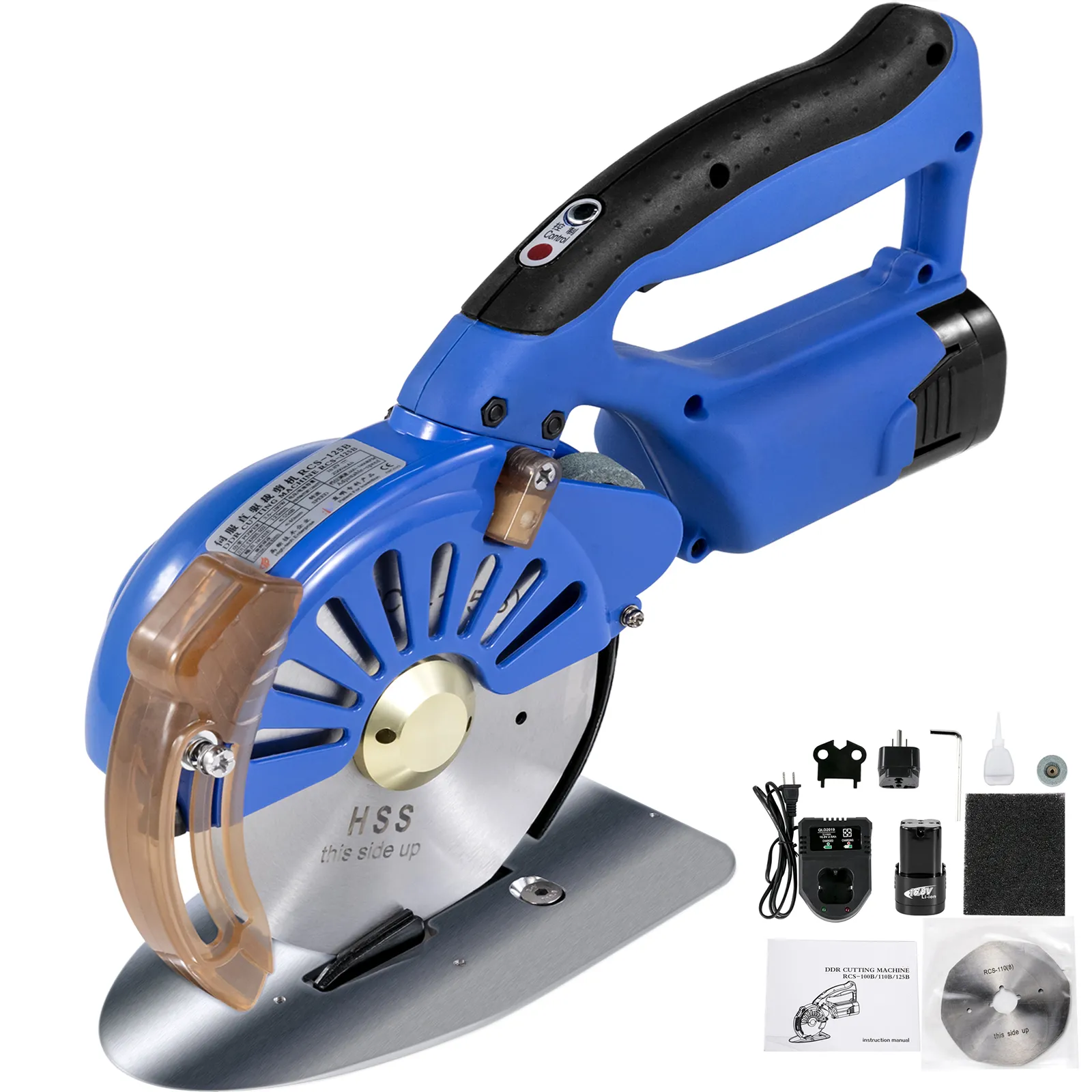 Cortadora de tela rotativa eléctrica VEVOR con accesorios de corte y manual.