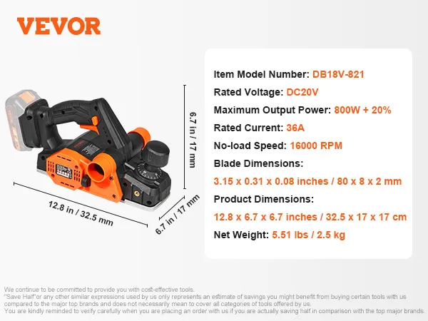 Pialla elettrica a batteria VEVOR con DC20V, 800W, 16000 giri/min, 5,51 libbre, modello DB18V-821.