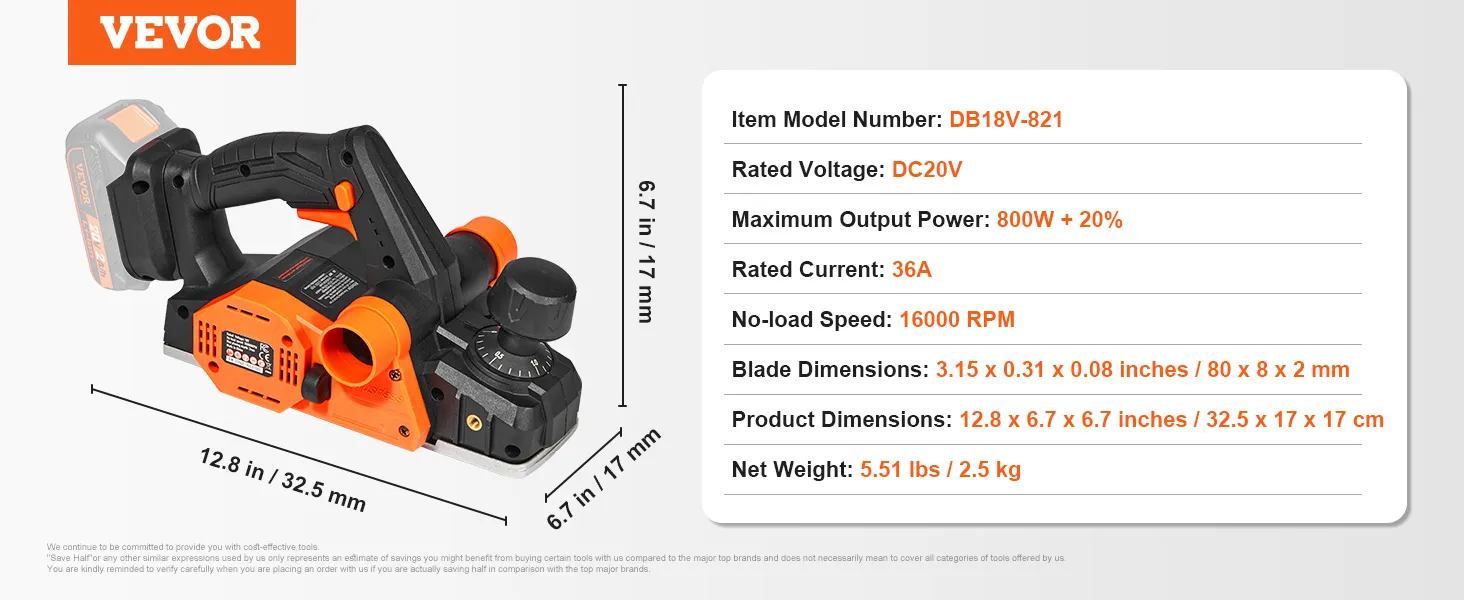Pialla elettrica a batteria VEVOR con DC20V, 800W, 16000 giri/min, 5,51 libbre, modello DB18V-821.