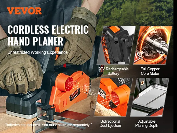 persona che utilizza la pialla elettrica a mano senza fili VEVOR con batteria da 20 V, motore in rame e profondità di piallatura regolabile.