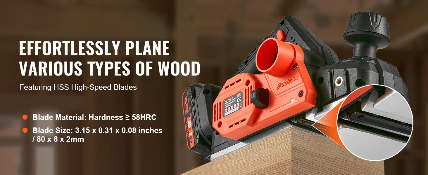 Pialla elettrica a batteria VEVOR con lame in acciaio HSS per piallare un pezzo di legno, dettagli della lama inclusi.