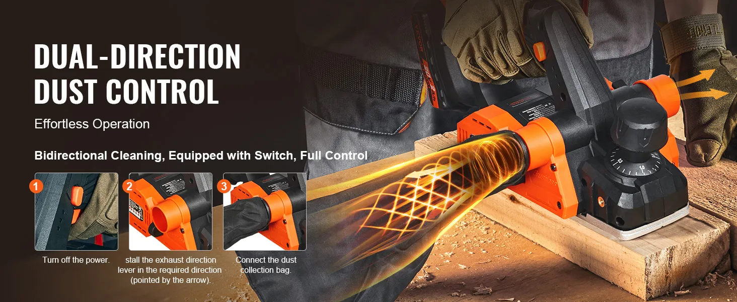 Pialla elettrica a batteria VEVOR dotata di controllo della polvere bidirezionale per un utilizzo senza sforzi.