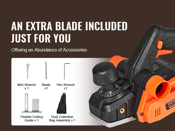 Pialla elettrica a batteria VEVOR con lama extra, guida, chiave, sacchetto raccoglipolvere, chiave esagonale e mini chiave.