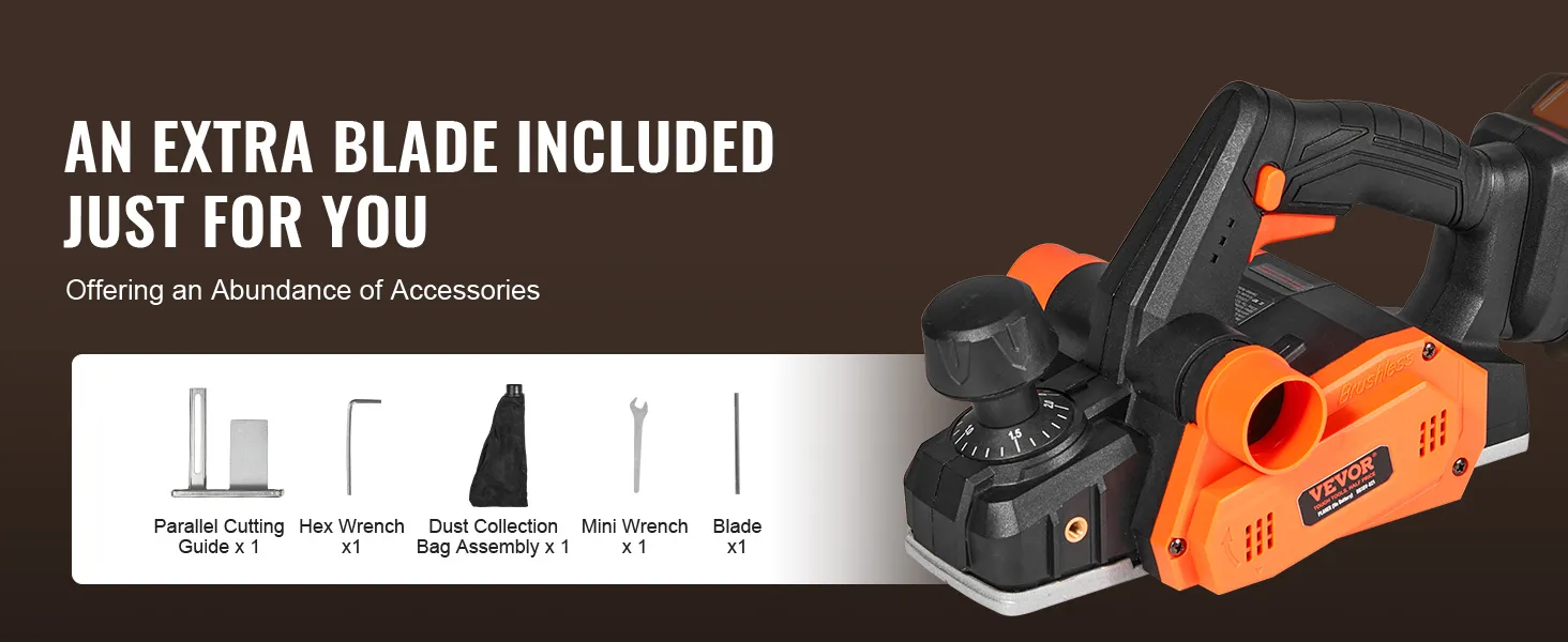 Pialla elettrica a batteria VEVOR con lama extra, guida, chiave, sacchetto raccoglipolvere, chiave esagonale e mini chiave.