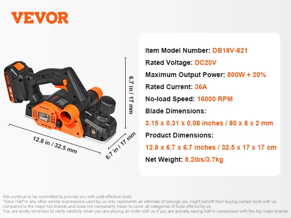 VEVOR snoerloze elektrische handschaaf met 20 V gelijkstroom, 800 W vermogen, 16.000 tpm snelheid en een gewicht van 3,8 kg.