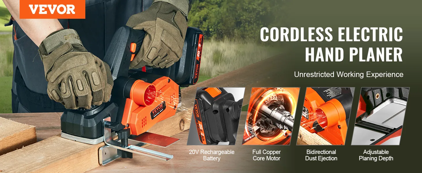 VEVOR snoerloze elektrische handschaaf met 20V oplaadbare accu, volledig koperen kernmotor en instelbare diepte.