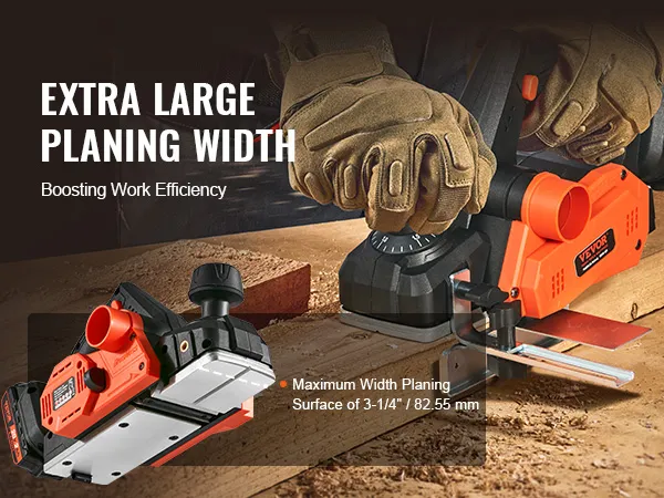 De VEVOR accu-handschaafmachine met extra grote schaafbreedte verhoogt de werkefficiëntie op een houten plank.
