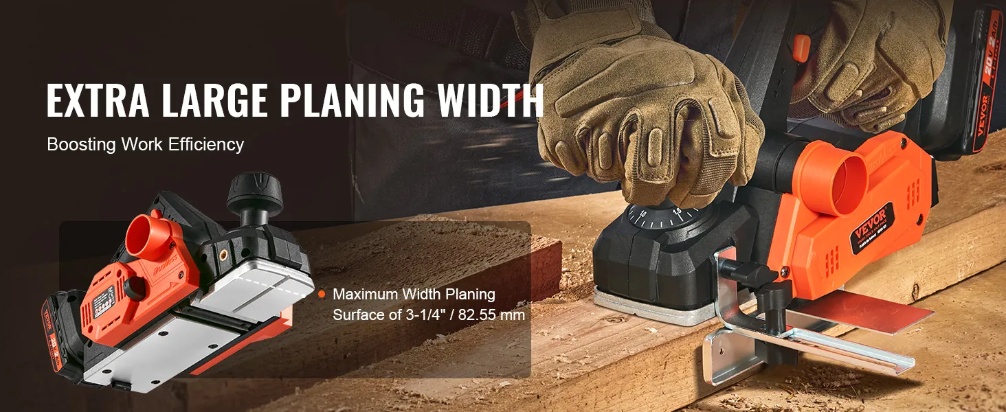 De VEVOR accu-handschaafmachine met extra grote schaafbreedte verhoogt de werkefficiëntie op een houten plank.