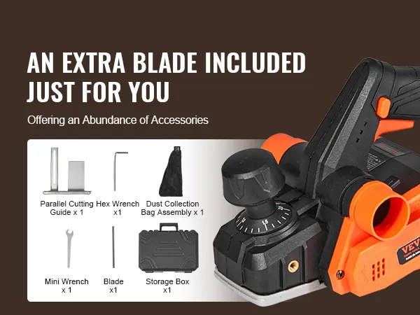 VEVOR snoerloze elektrische handschaaf met extra mes en accessoireset inclusief parallelgeleider, sleutels, stofzak en opbergdoos.