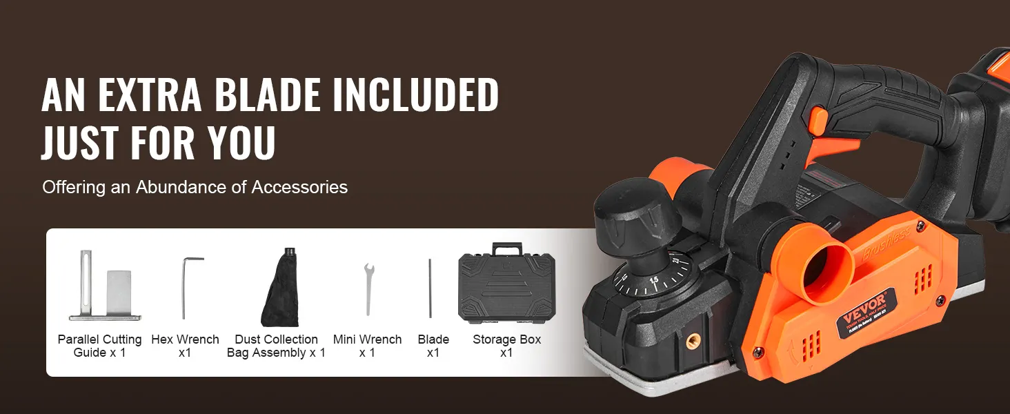VEVOR snoerloze elektrische handschaaf met extra mes en accessoireset inclusief parallelgeleider, sleutels, stofzak en opbergdoos.