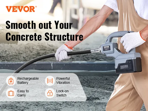 VEVOR cordless concrete vibrator being used on wet concrete, highlighting features like a rechargeable battery.