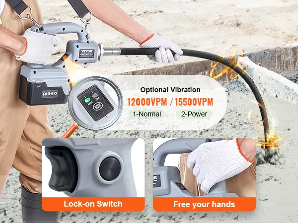 person using VEVOR cordless concrete vibrator with lock-on switch and two vibration options, 12000vpm and 15500vpm.
