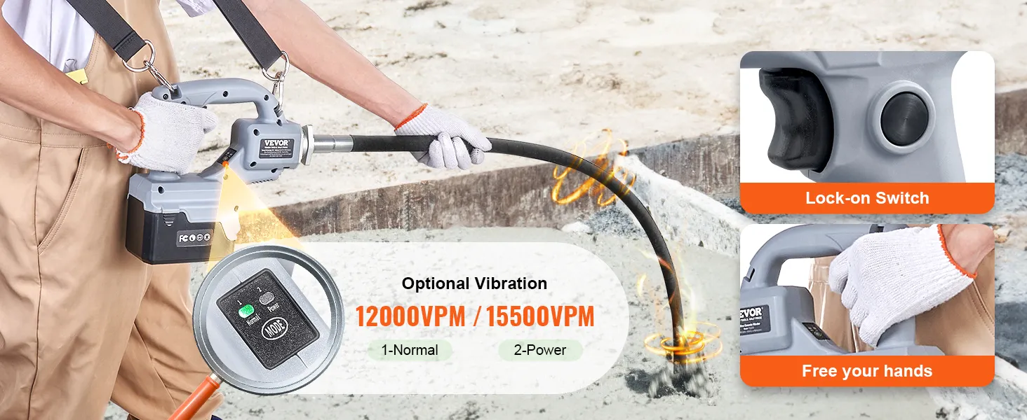 person using VEVOR cordless concrete vibrator with lock-on switch and two vibration options, 12000vpm and 15500vpm.
