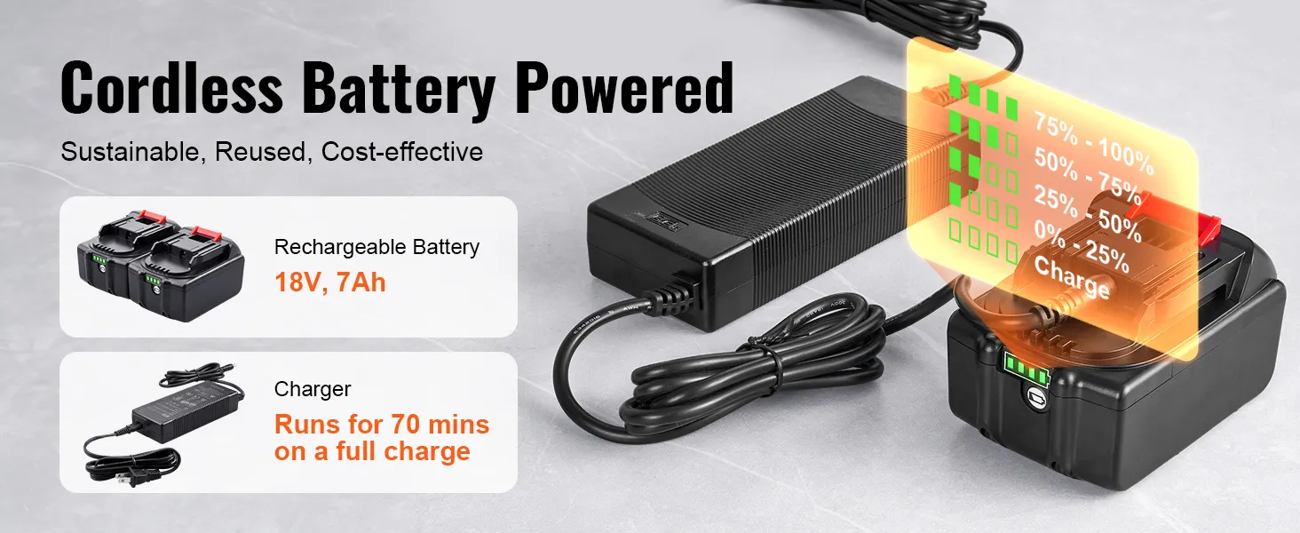 cordless battery powered charger and battery, 18v, 7ah, runs for 70 mins on full charge.