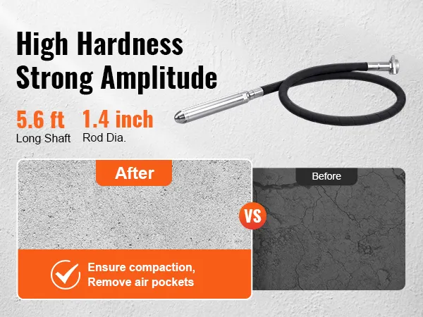 VEVOR cordless concrete vibrator long shaft, rod dia, high hardness, strong amplitude, before vs after.