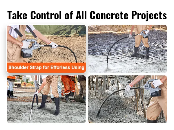workers using the VEVOR cordless concrete vibrator with shoulder straps for easy handling on various sites.