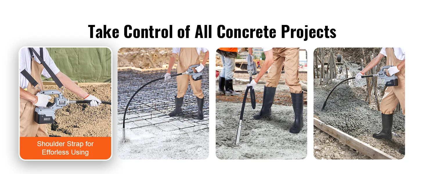 workers using the VEVOR cordless concrete vibrator with shoulder straps for easy handling on various sites.