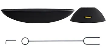 VEVOR fire pit set with black bowl, base, and two metal tools laid out.