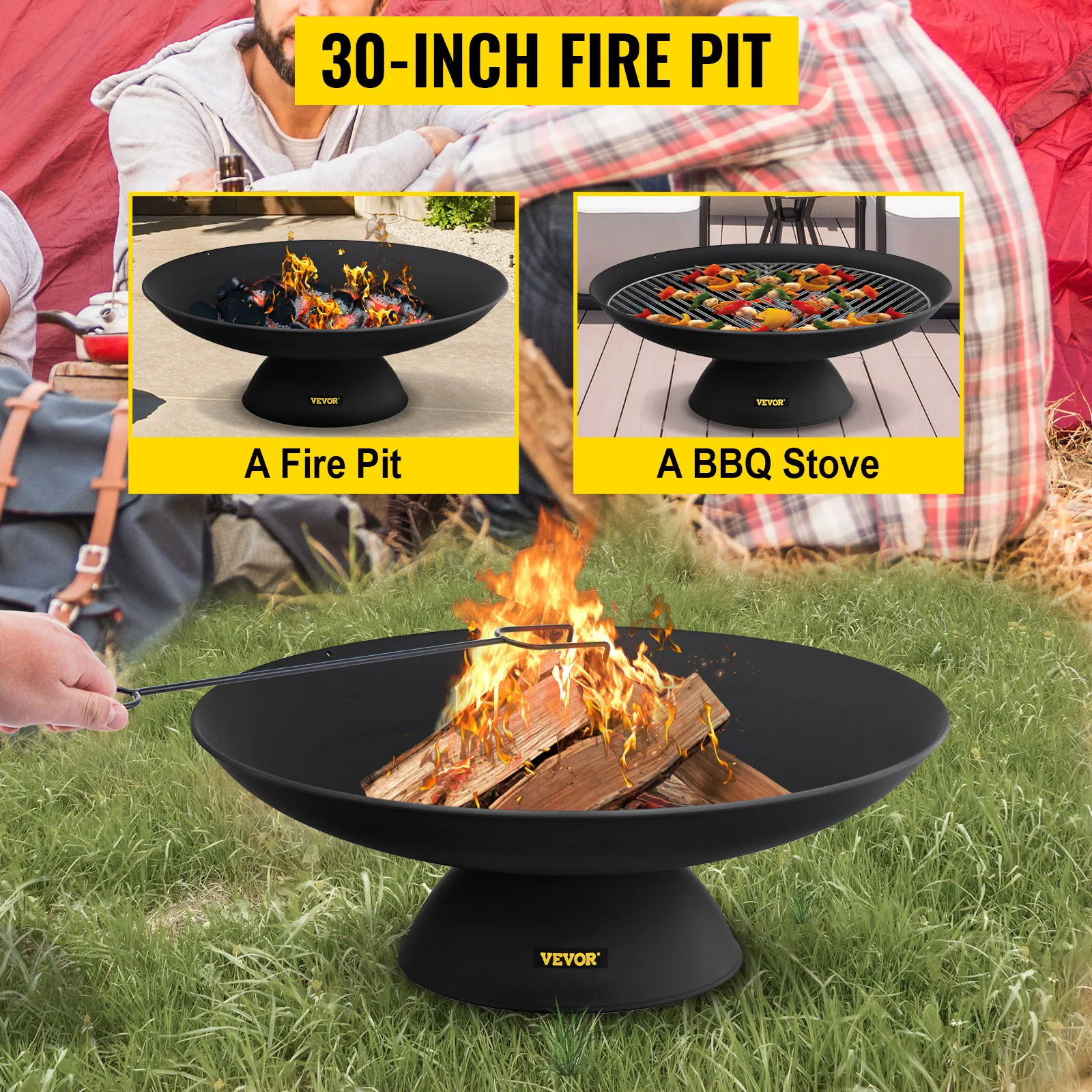 VEVOR fire pit for camping, cooking, and warmth; versatile 30-inch outdoor fire pit.