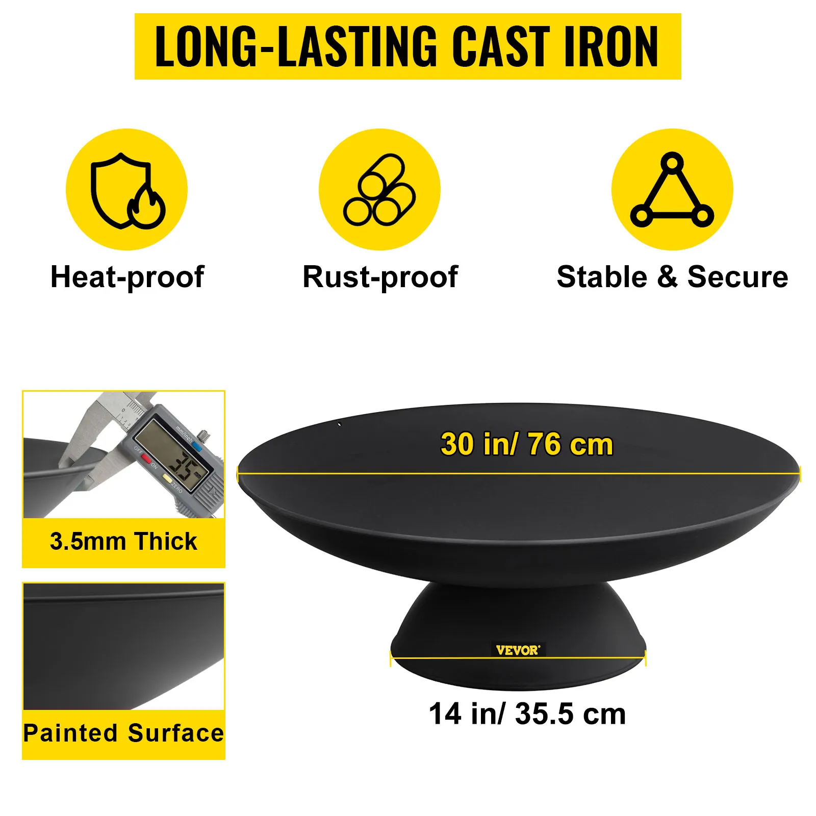 VEVOR fire pit, 30in cast iron, heat-proof, rust-proof, stable, 3.5mm thick, painted surface