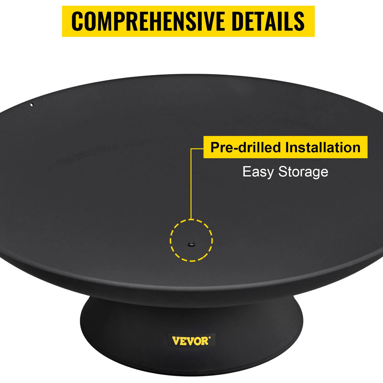 VEVOR fire pit with pre-drilled installation and easy storage features.