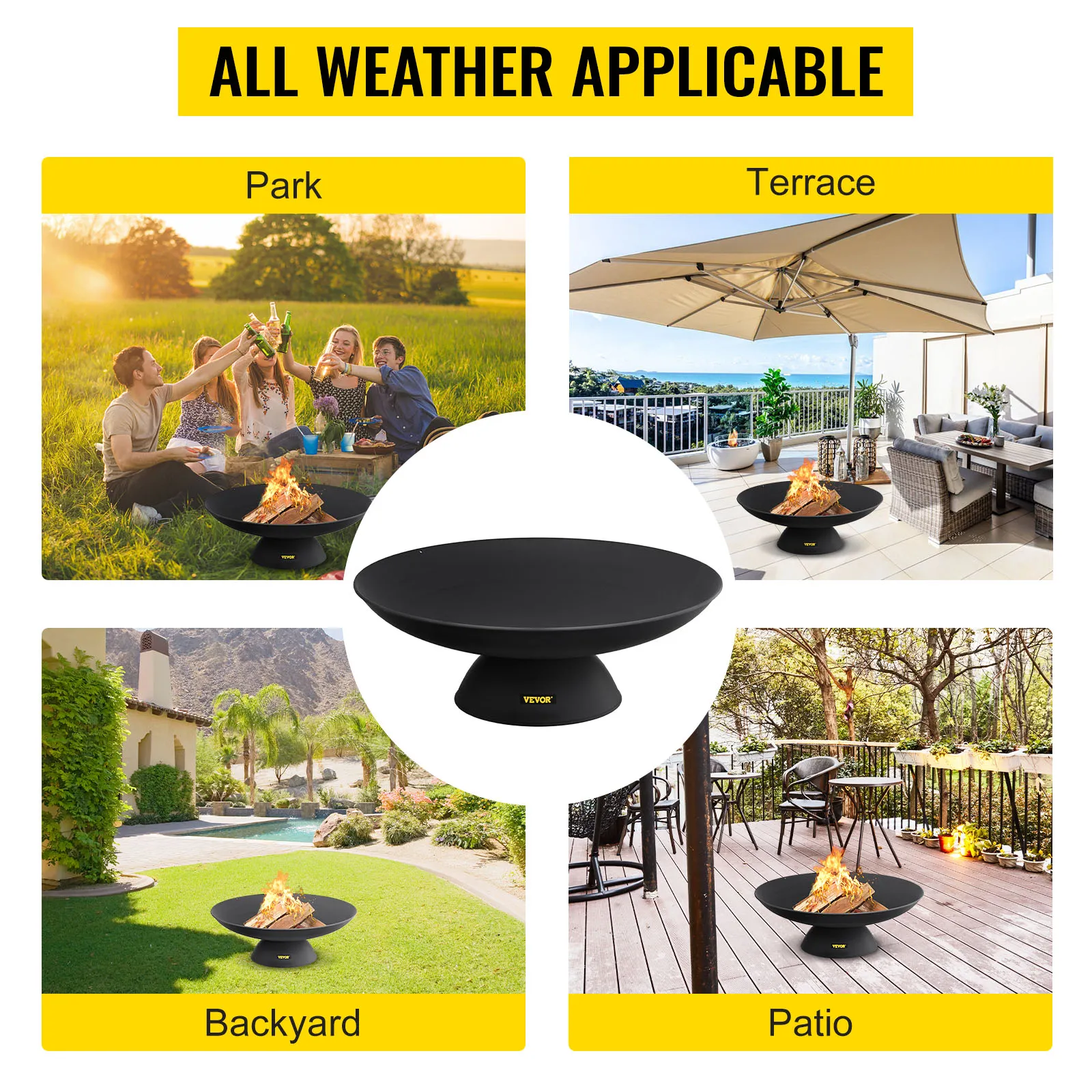 VEVOR fire pit for park, terrace, backyard, and patio use in all weather.