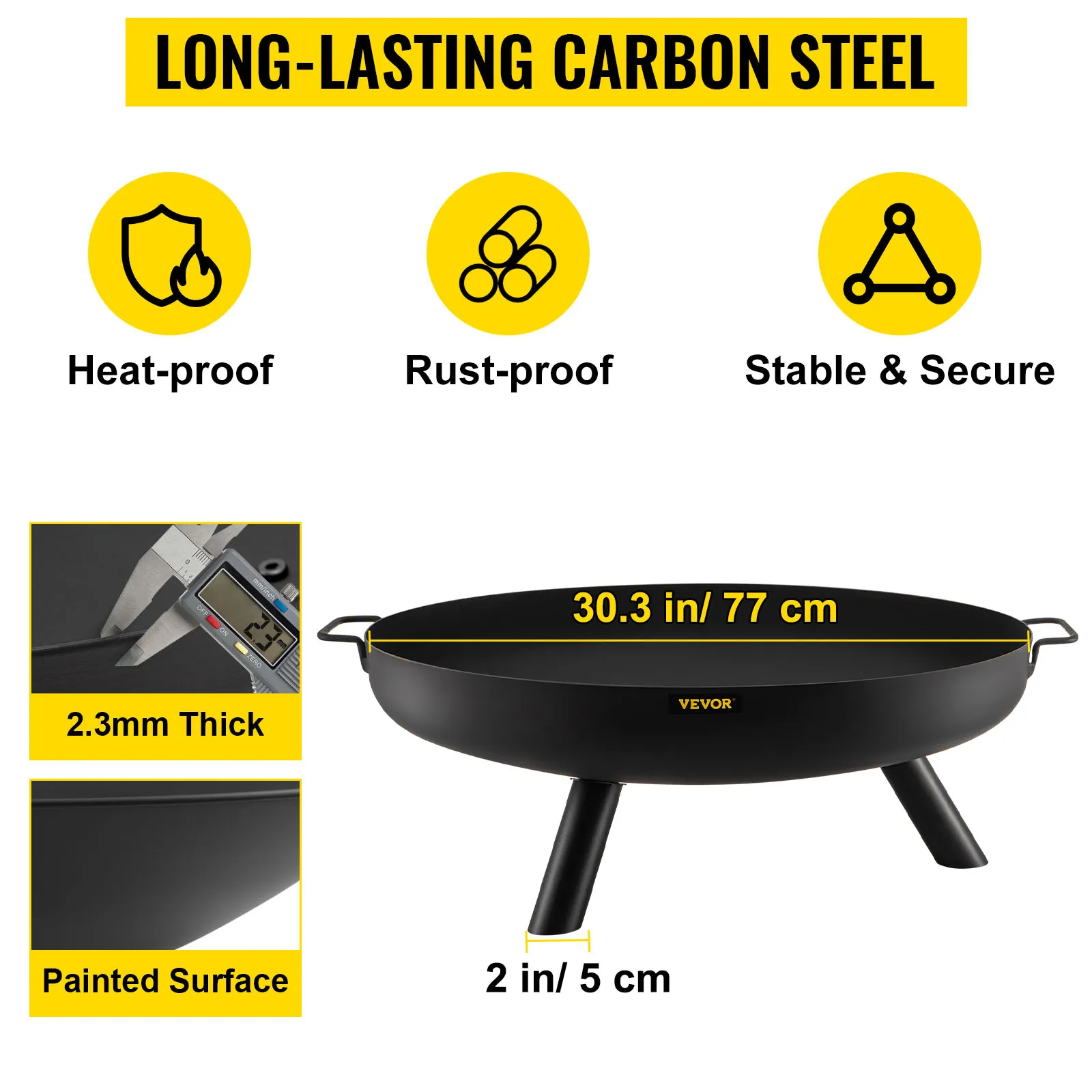VEVOR fire pit bowl, 30.3 in, carbon steel, heat-proof, rust-proof, stable and secure.