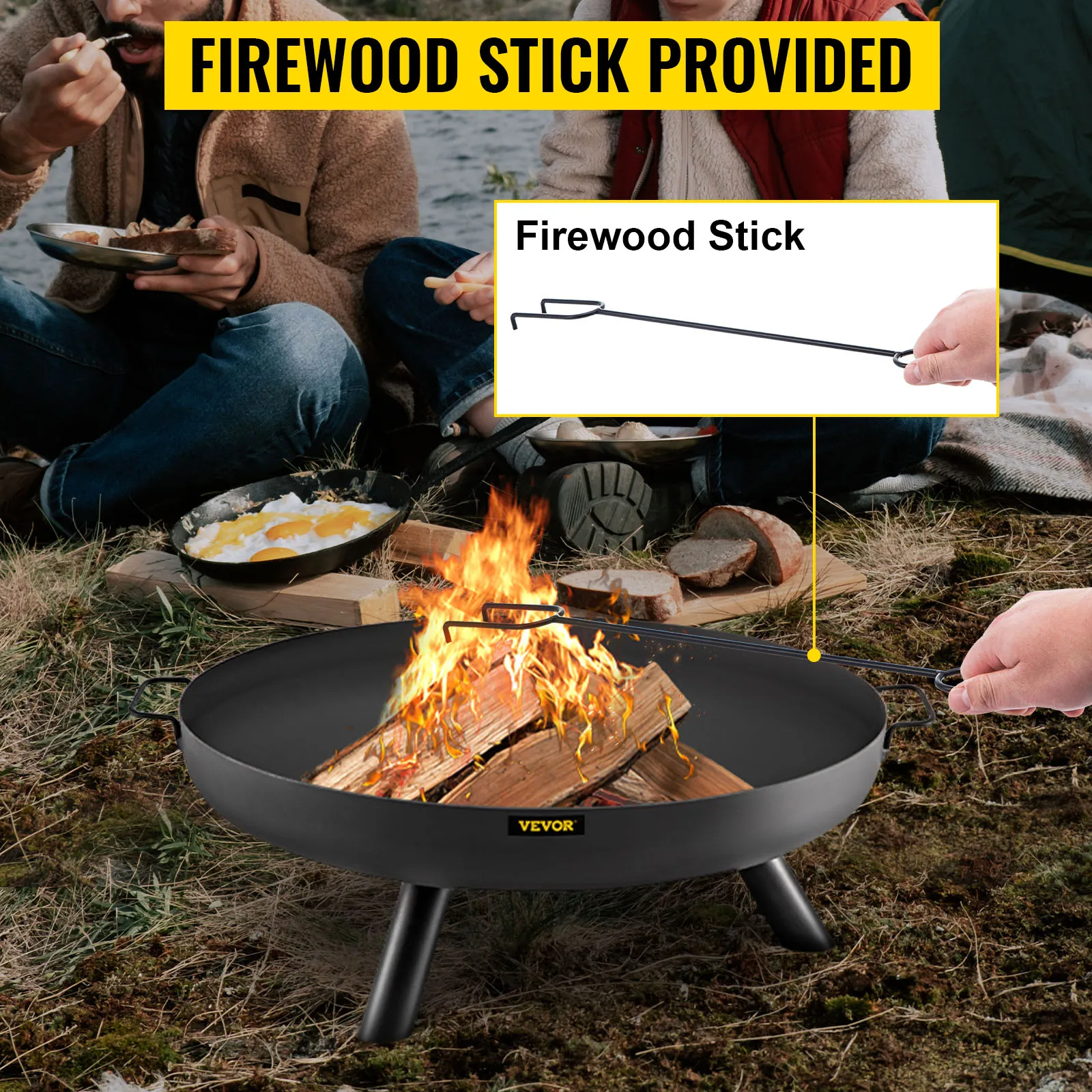 VEVOR fire pit bowl with firewood stick in use during an outdoor gathering.
