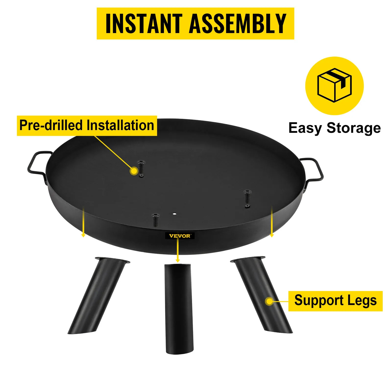VEVOR fire pit bowl with pre-drilled installation, support legs, and easy storage.