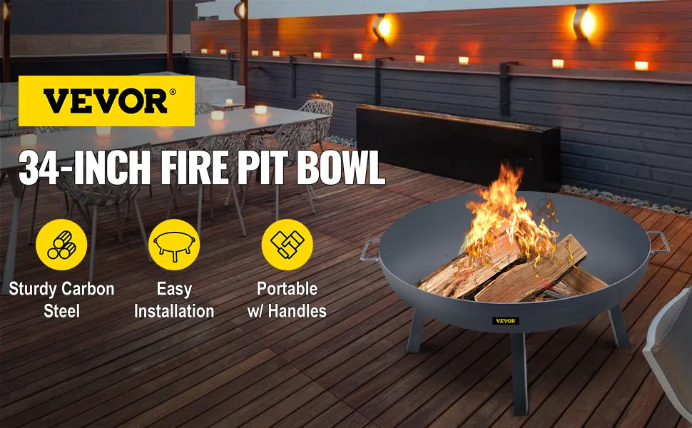 VEVOR 34-inch fire pit bowl on a stylish outdoor deck with cozy lighting.