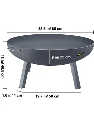 VEVOR fire pit bowl with dimensions: 33.5 in diameter, 16 in height, on sturdy metal legs.
