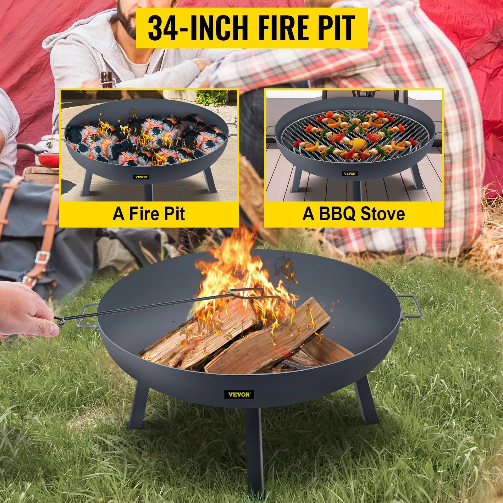VEVOR fire pit bowl with burning logs, bbq stove, and friends sitting around campfire.