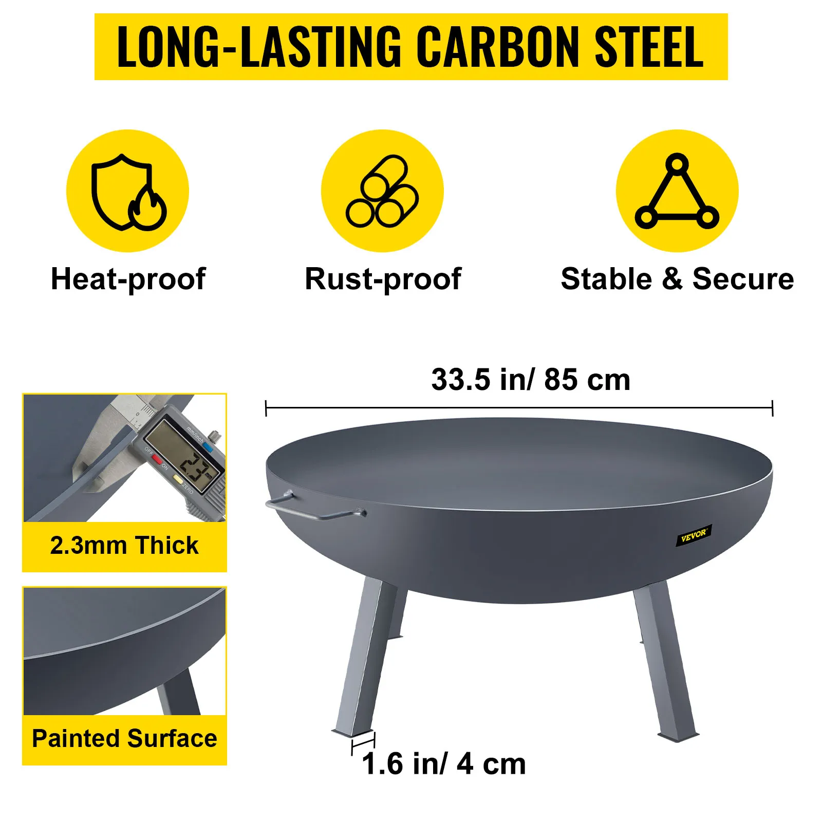 VEVOR fire pit bowl, 33.5 in, 2.3mm thick, carbon steel, heat and rust proof.